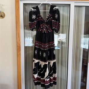 NWT Sea NY Liora Puff-Sleeve Midi Cutout Dress, Black Pattern